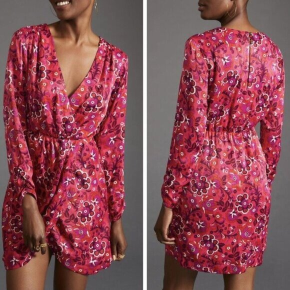 Anthropologie Maeve Wrap Mini Pink Floral V-neck Dress Womens Sz M - Picture 1 of 6